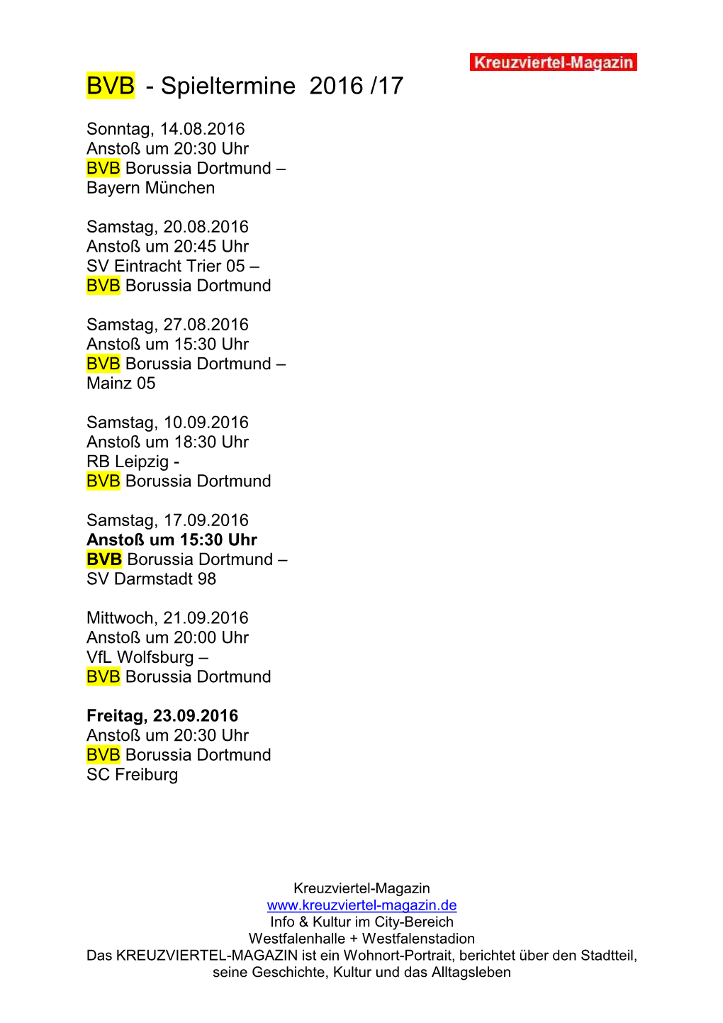 Spieltermine BVB 2016