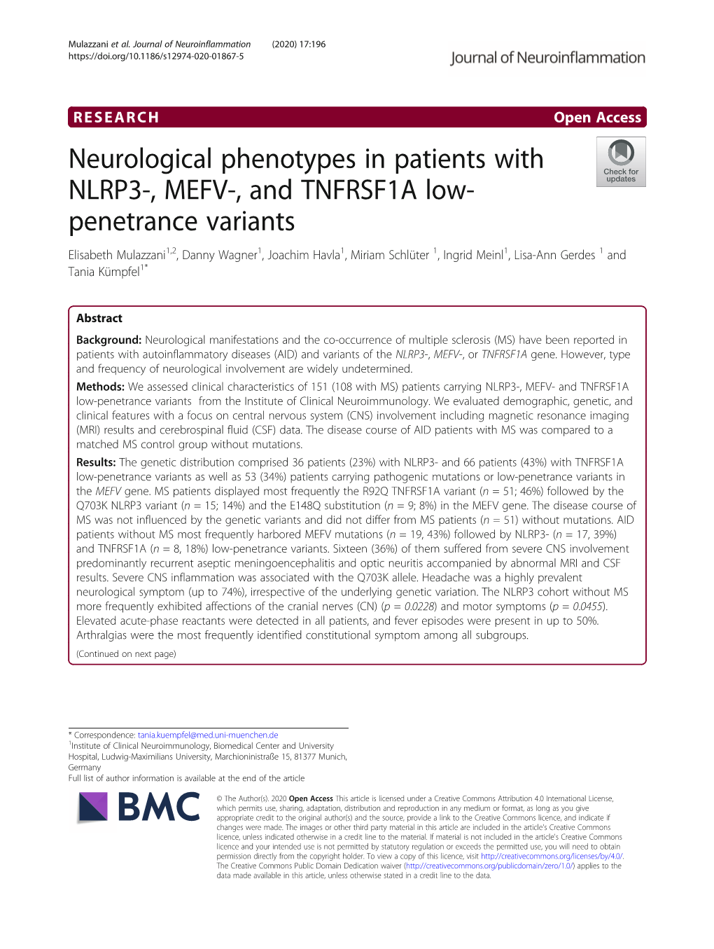 Neurological Phenotypes in Patients with NLRP3-, MEFV-, And