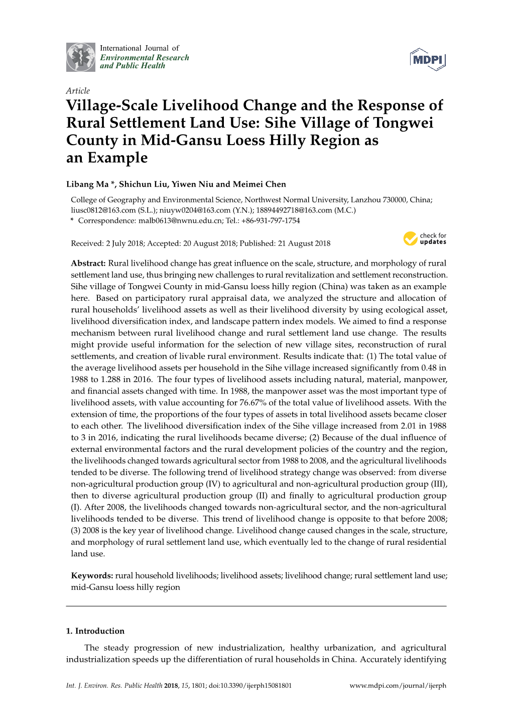 Sihe Village of Tongwei County in Mid-Gansu Loess Hilly Region As an Example