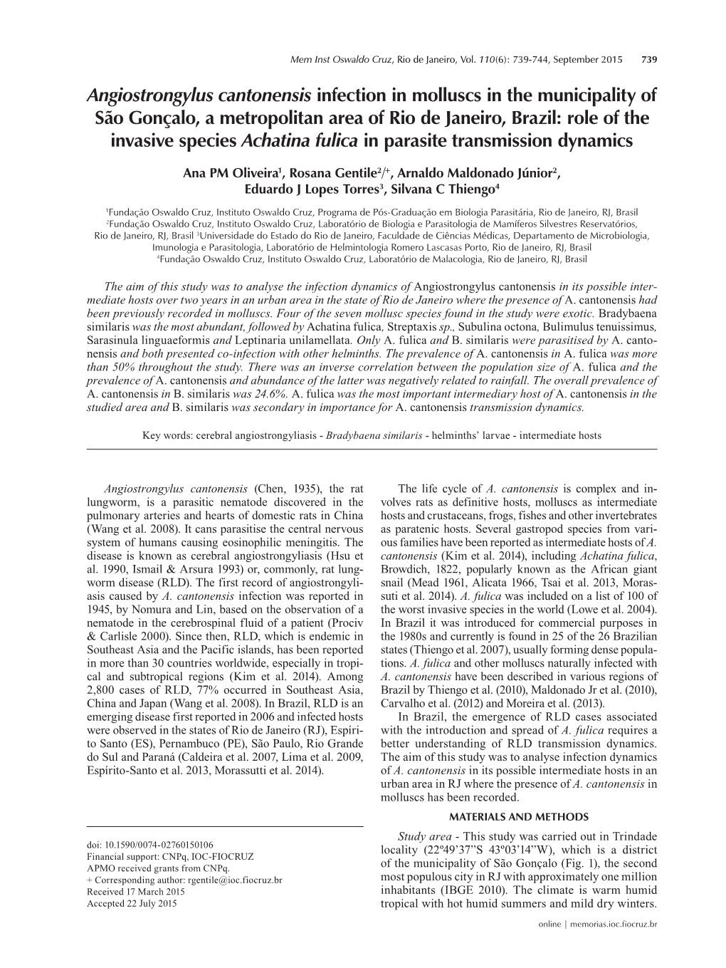 Angiostrongylus Cantonensis Infection in Molluscs in the Municipality Of