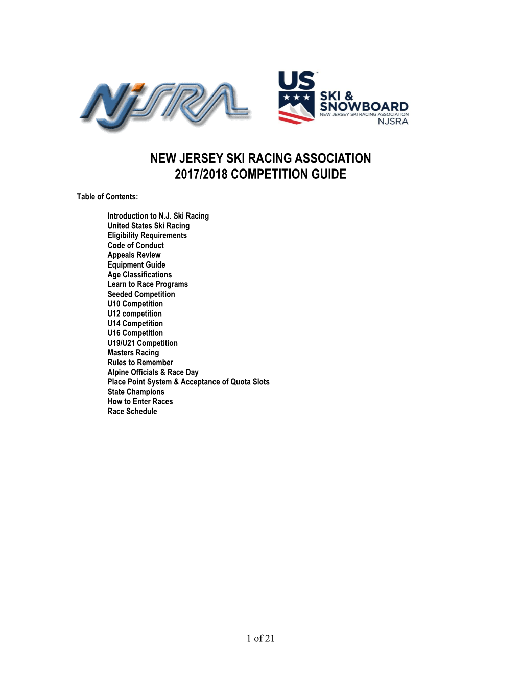 New Jersey Ski Racing Association 2017/2018 Competition Guide