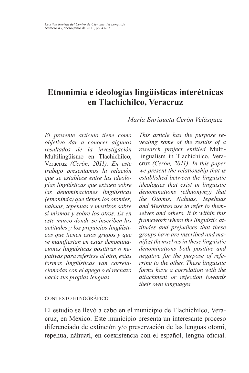 Etnonimia E Ideologías Lingüísticas Interétnicas En Tlachichilco, Veracruz