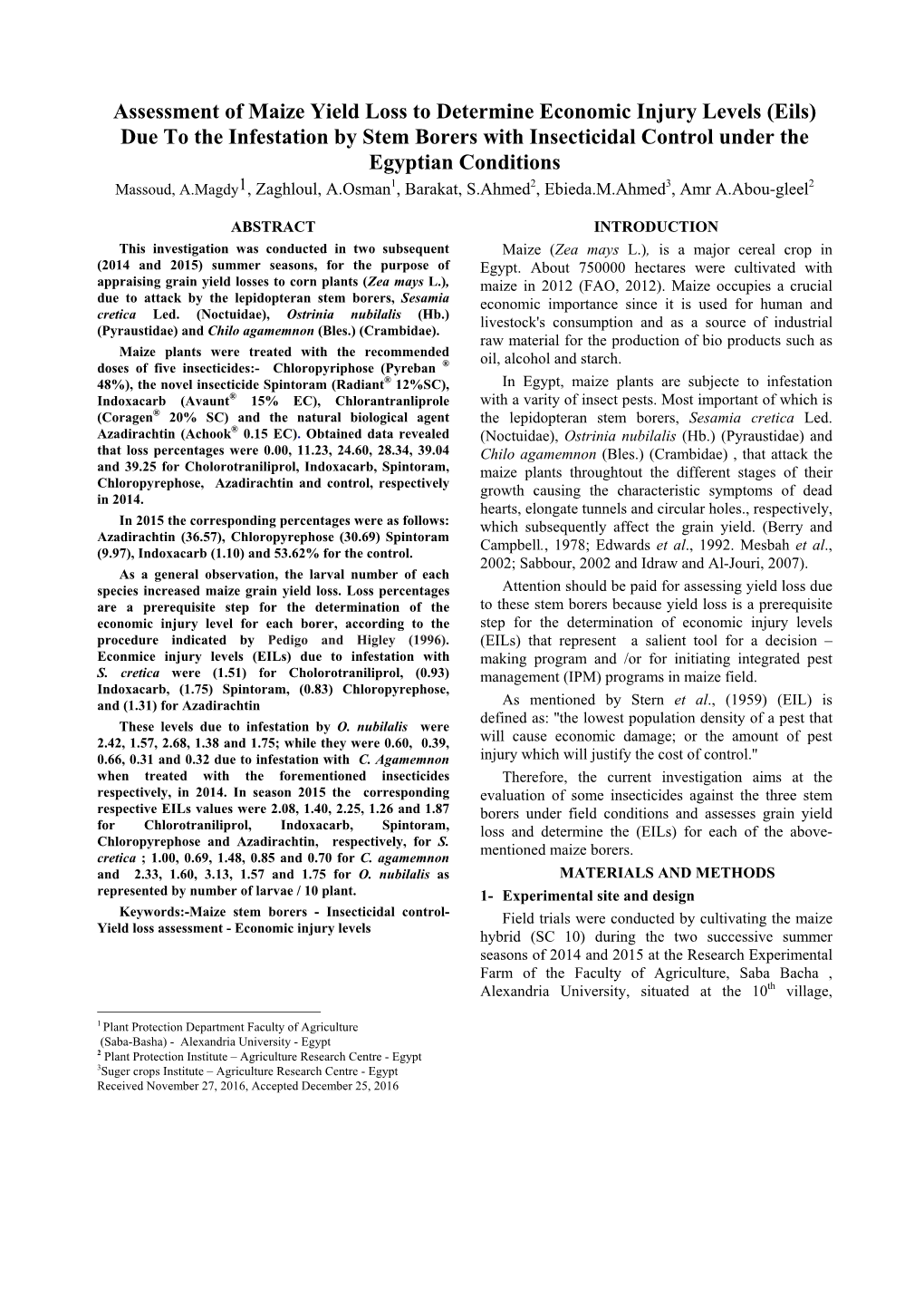 Assessment of Maize Yield Loss to Determine Economic Injury Levels