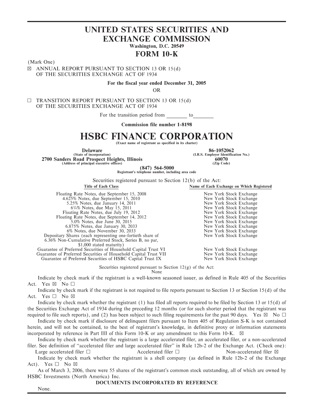 HSBC FINANCE CORPORATION (Exact Name of Registrant As Specified in Its Charter) Delaware 86-1052062 (State of Incorporation) (I.R.S