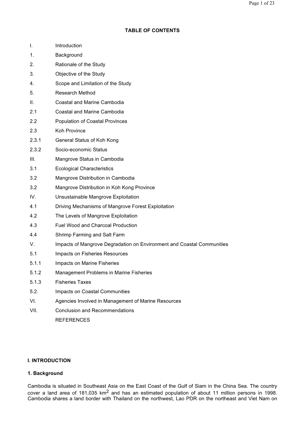TABLE of CONTENTS I. INTRODUCTION 1. Background