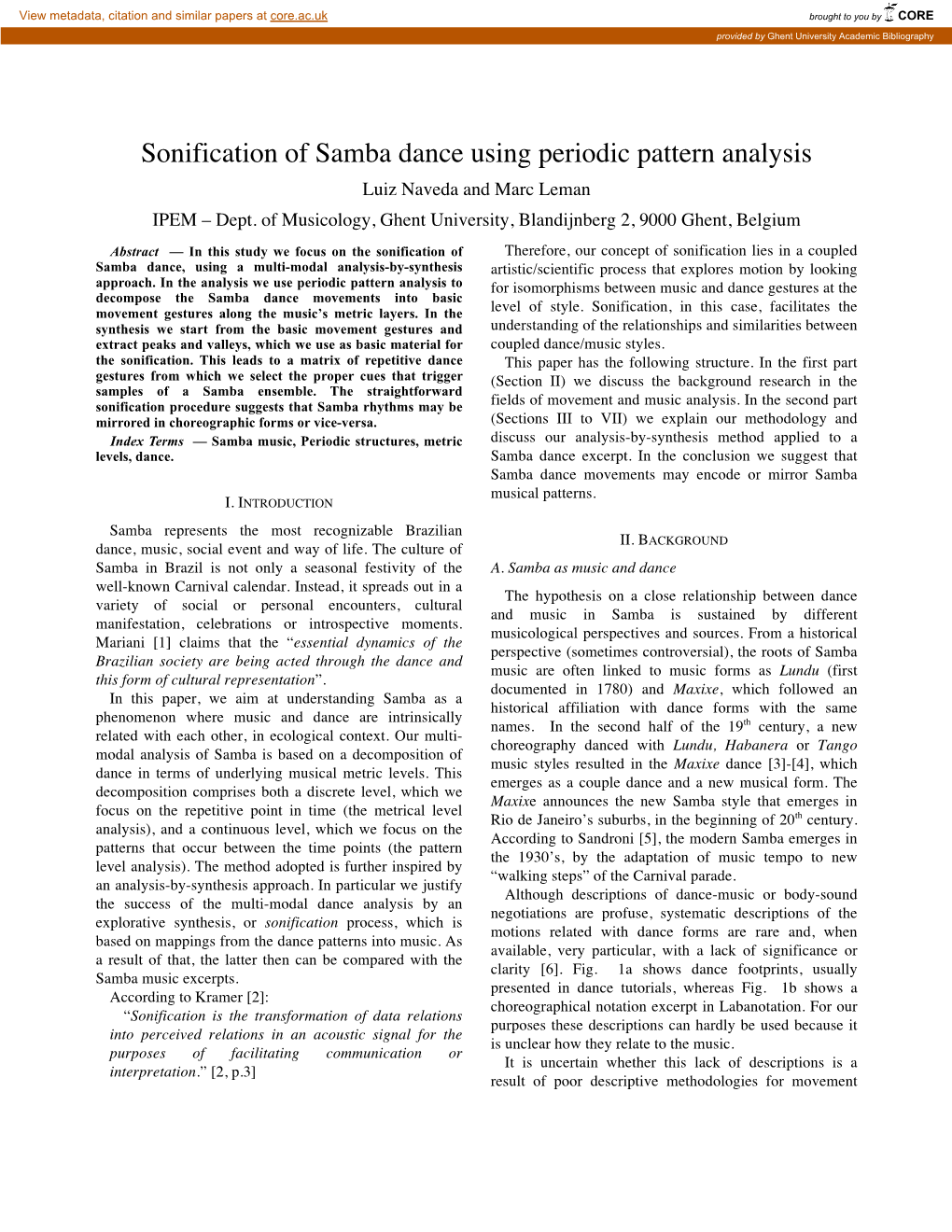 Sonification of Samba Dance Using Periodic Pattern Analysis Luiz Naveda and Marc Leman IPEM – Dept