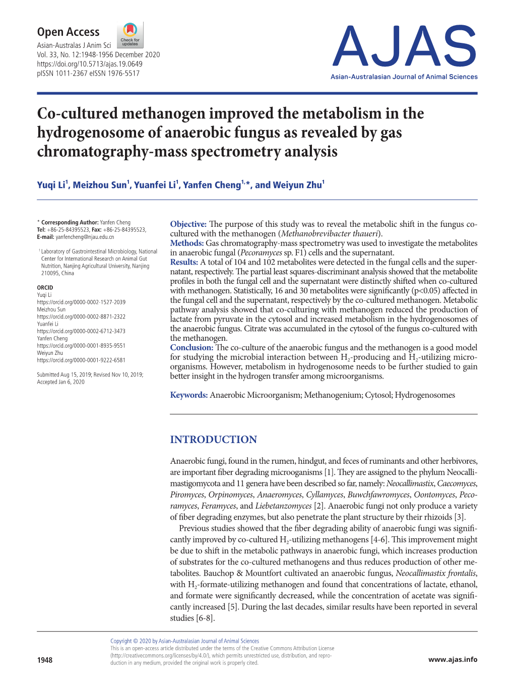 Co-Cultured Methanogen Improved the Metabolism in the Hydrogenosome of Anaerobic Fungus As Revealed by Gas Chromatography-Mass Spectrometry Analysis