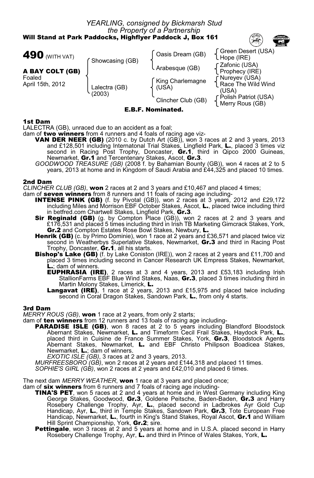 YEARLING, Consigned by Bickmarsh Stud the Property of a Partnership Will Stand at Park Paddocks, Highflyer Paddock J, Box 161