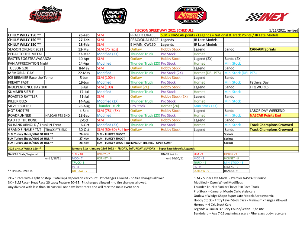 TUCSON SPEEDWAY 2021 SCHEDULE 5/11/2021 Revised CHILLY