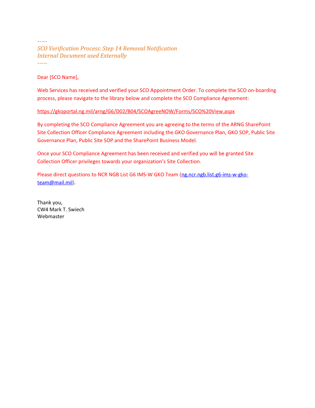 Web Services - SCO Compliance Agreement Email Template