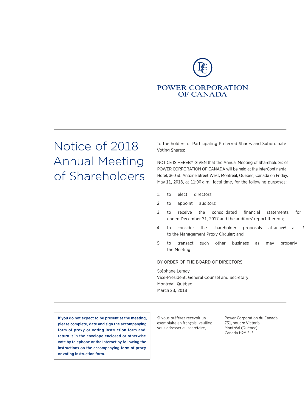 Notice of 2018 Annual Meeting of Shareholders and Management