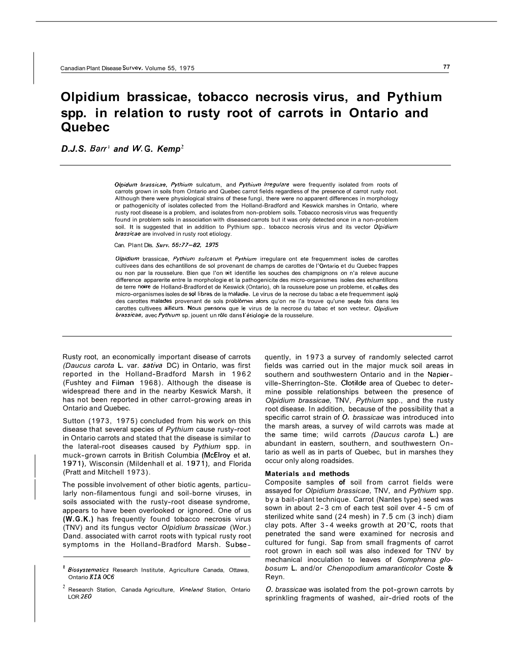 Olpidium Brassicae, Tobacco Necrosis Virus, and Pythium Spp. in Relation to Rusty Root of Carrots in Ontario and Quebec
