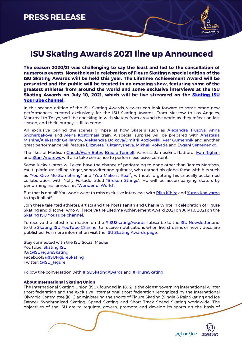 ISU Skating Awards 2021 Line up Announced