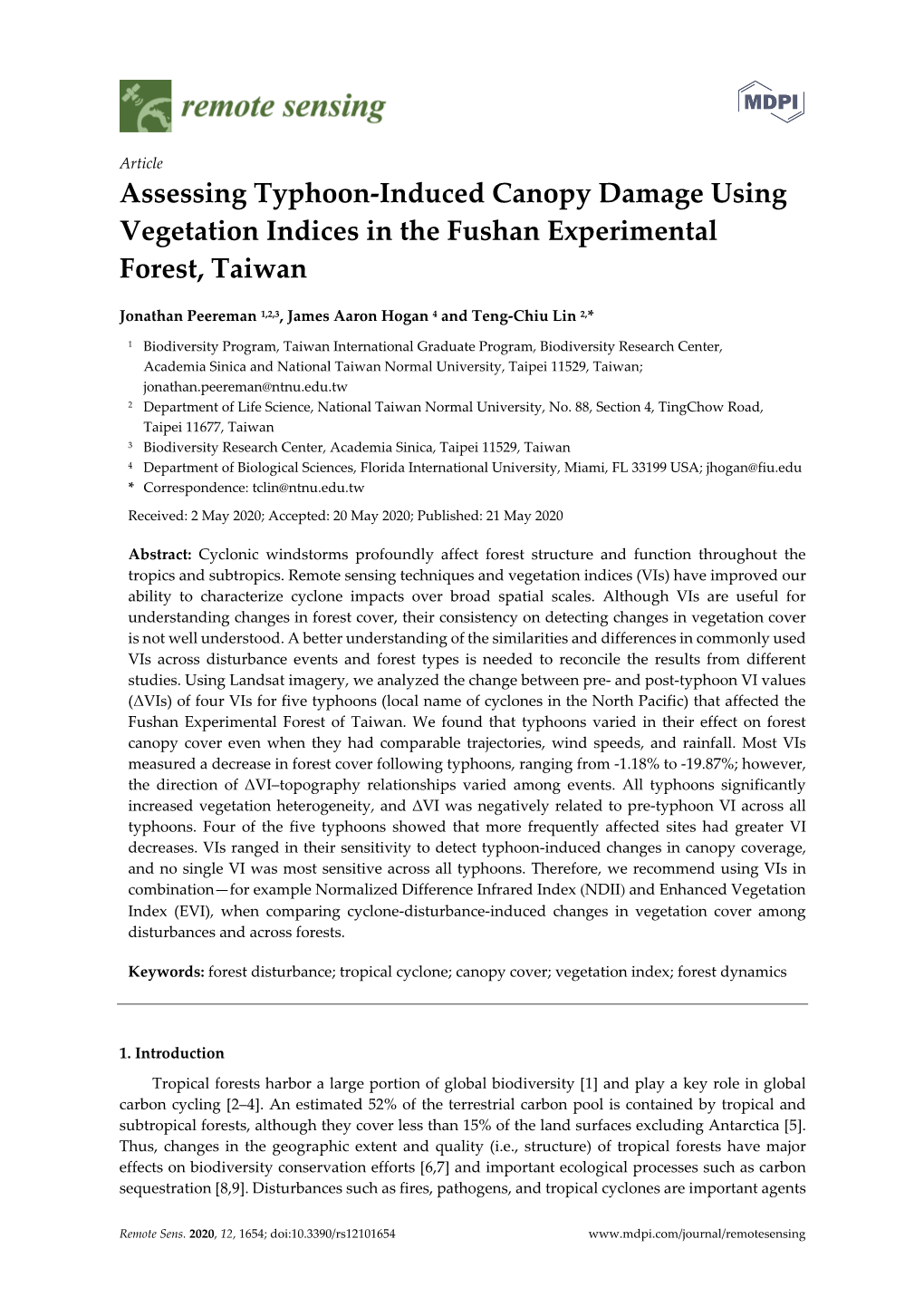 Assessing Typhoon-Induced Canopy Damage Using Vegetation Indices in the Fushan Experimental Forest, Taiwan