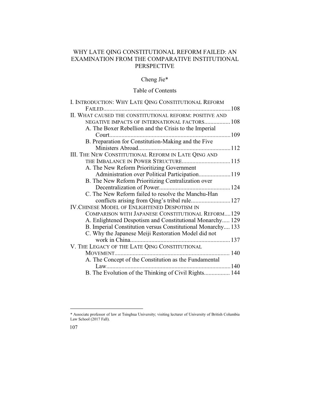 Why Late Qing Constitutional Reform Failed: an Examination from the Comparative Institutional Perspective