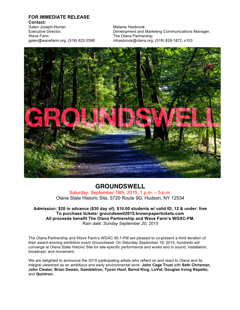 GROUNDSWELL Saturday, September 19Th, 2015, 1 P.M