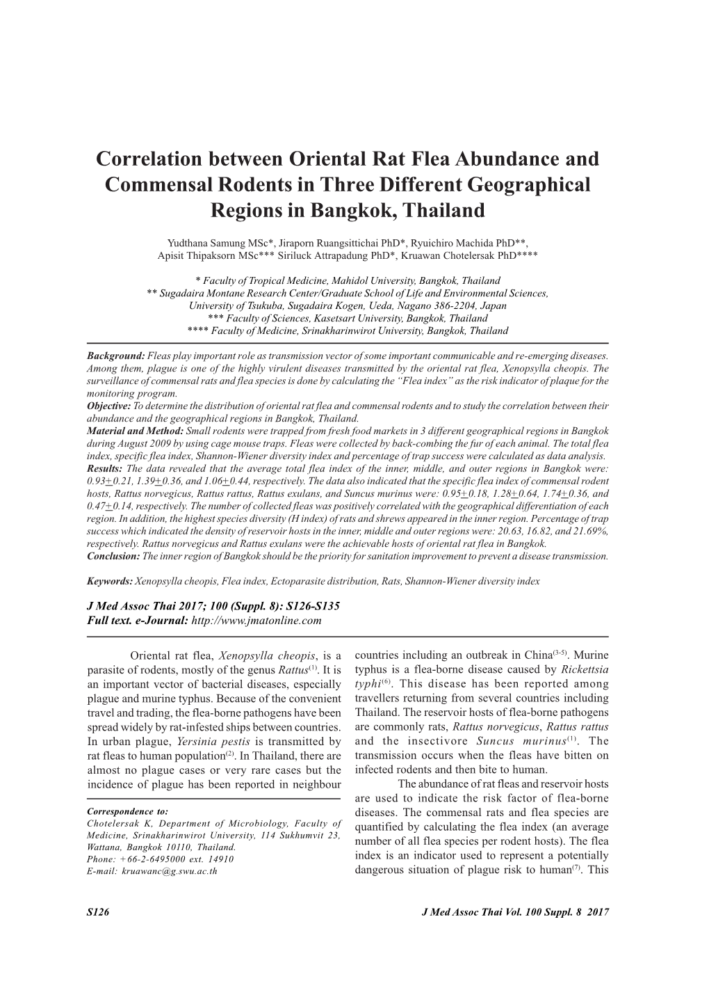 Correlation Between Oriental Rat Flea Abundance and Commensal Rodents in Three Different Geographical Regions in Bangkok, Thailand