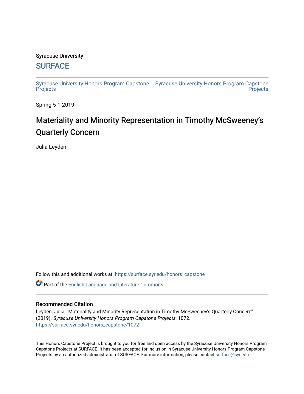 Materiality and Minority Representation in Timothy Mcsweeney’S Quarterly Concern