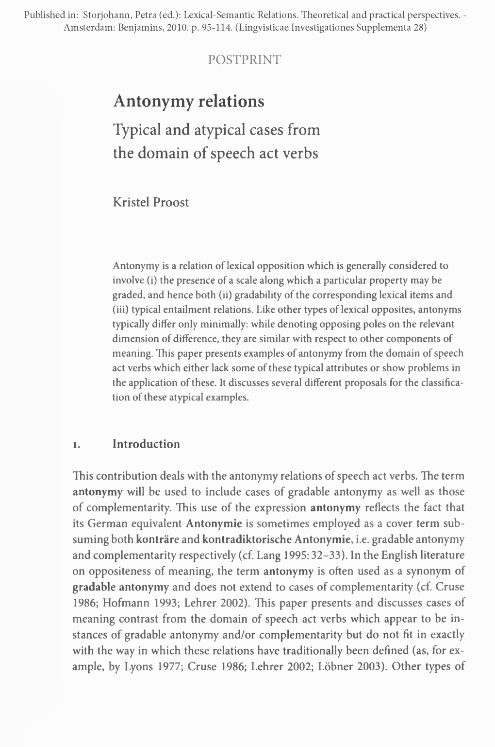 Antonymy Relations Typical and Atypical Cases from the Domain of Speech Act Verbs