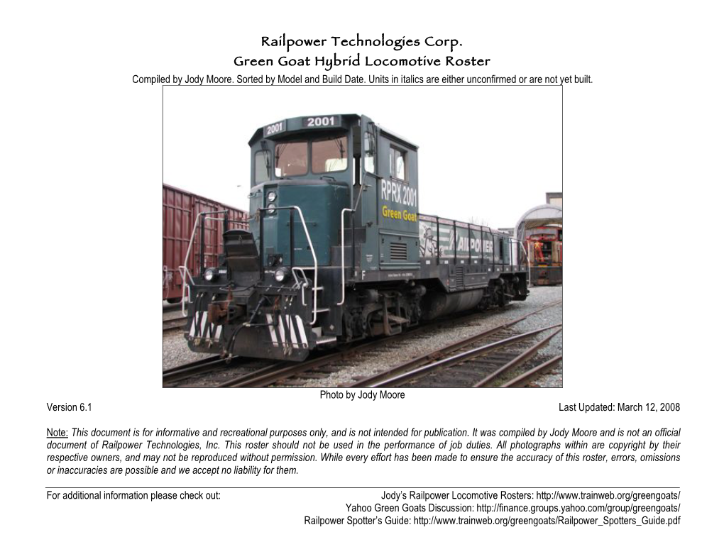 Railpower Technologies Corp. Green Goat Hybrid Locomotive Roster Compiled by Jody Moore