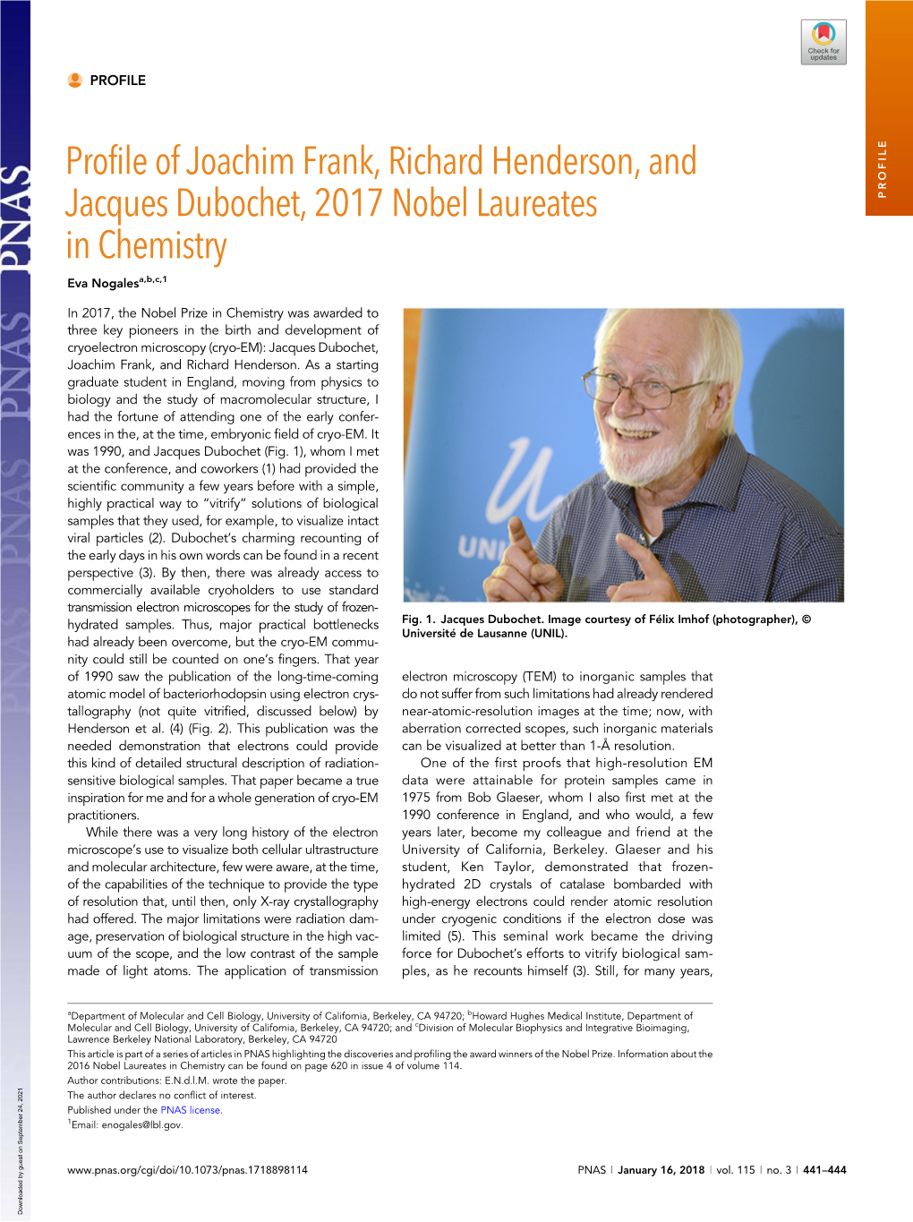 Profile of Joachim Frank, Richard Henderson, and Jacques Dubochet, 2017 Nobel Laureates in Chemistry