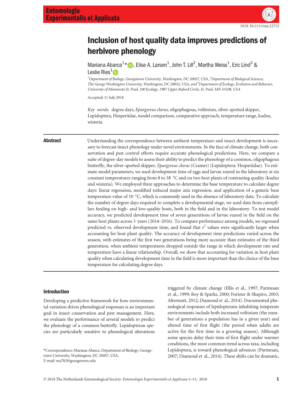 Inclusion of Host Quality Data Improves Predictions of Herbivore Phenology Mariana Abarca1* , Elise A