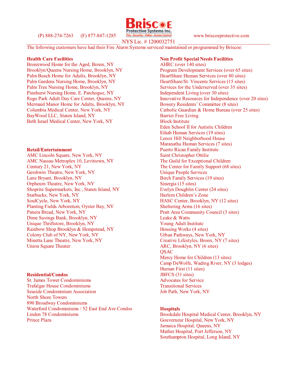 NYS Lic. # 1200032751 ______The Following Customers Have Had Their Fire Alarm Systems Serviced Maintained Or Programmed by Briscoe