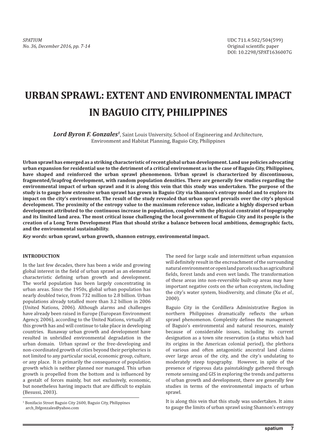 Urban Sprawl: Extent and Environmental Impact in Baguio City, Philippines