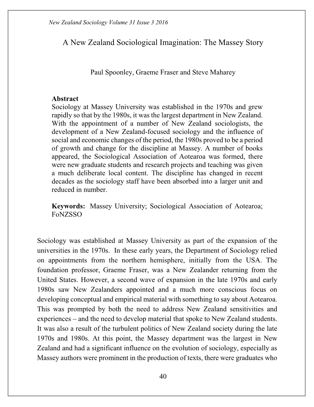 A New Zealand Sociological Imagination: the Massey Story