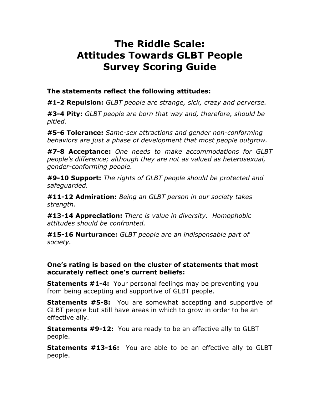 The Riddle Scale: Attitudes Towards GLBT People Survey Scoring Guide