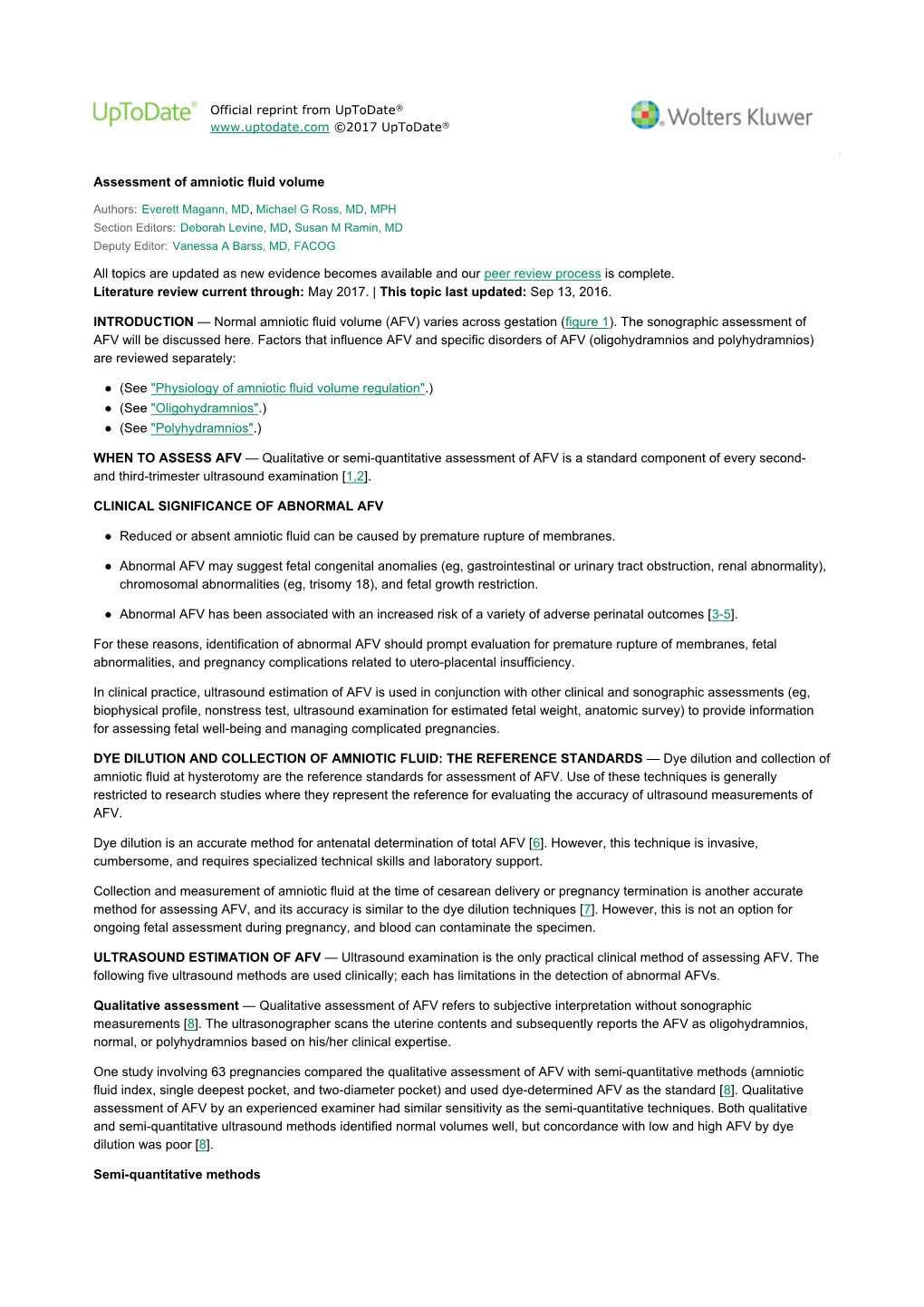 Assessment of Amniotic Fluid Volume