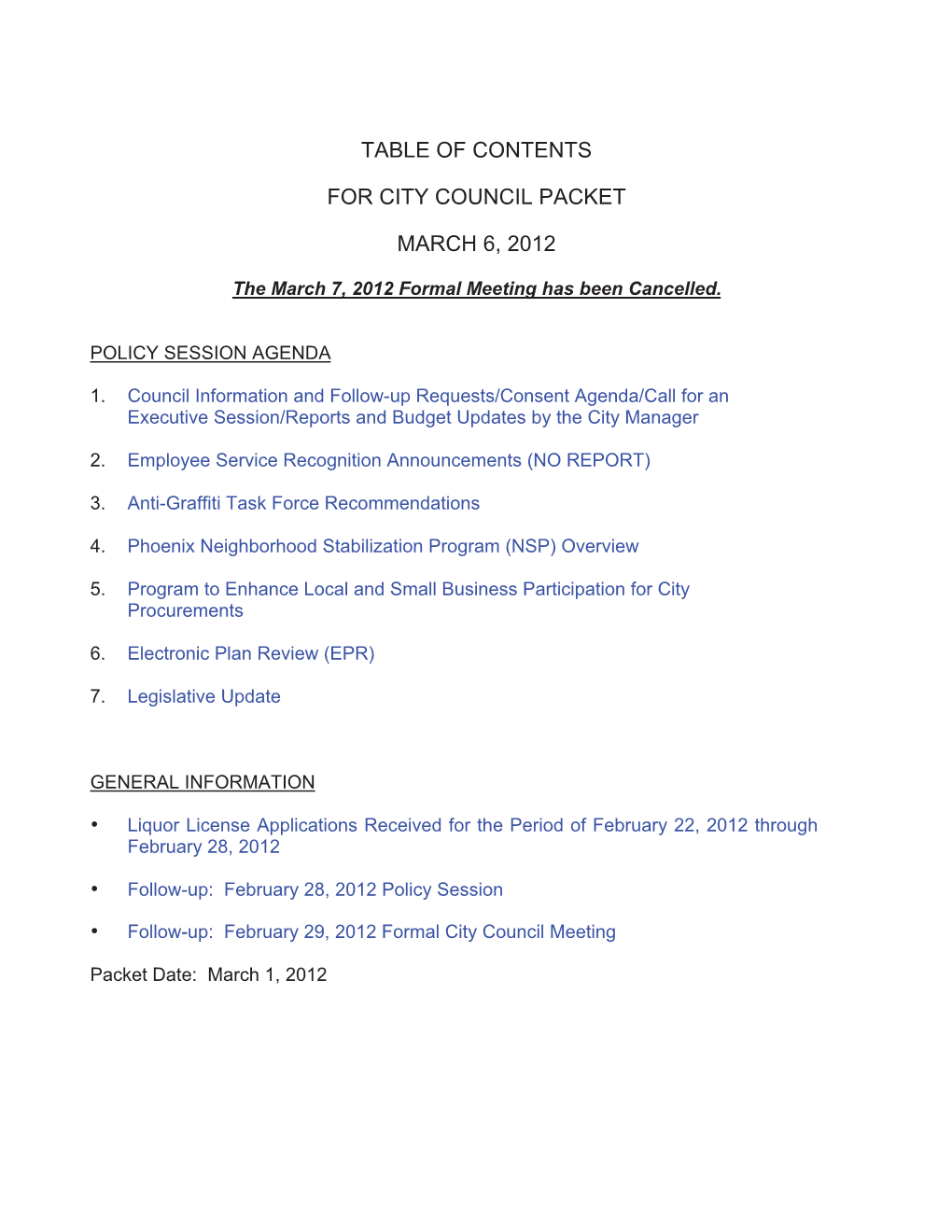 Table of Contents for City Council Packet March 6, 2012