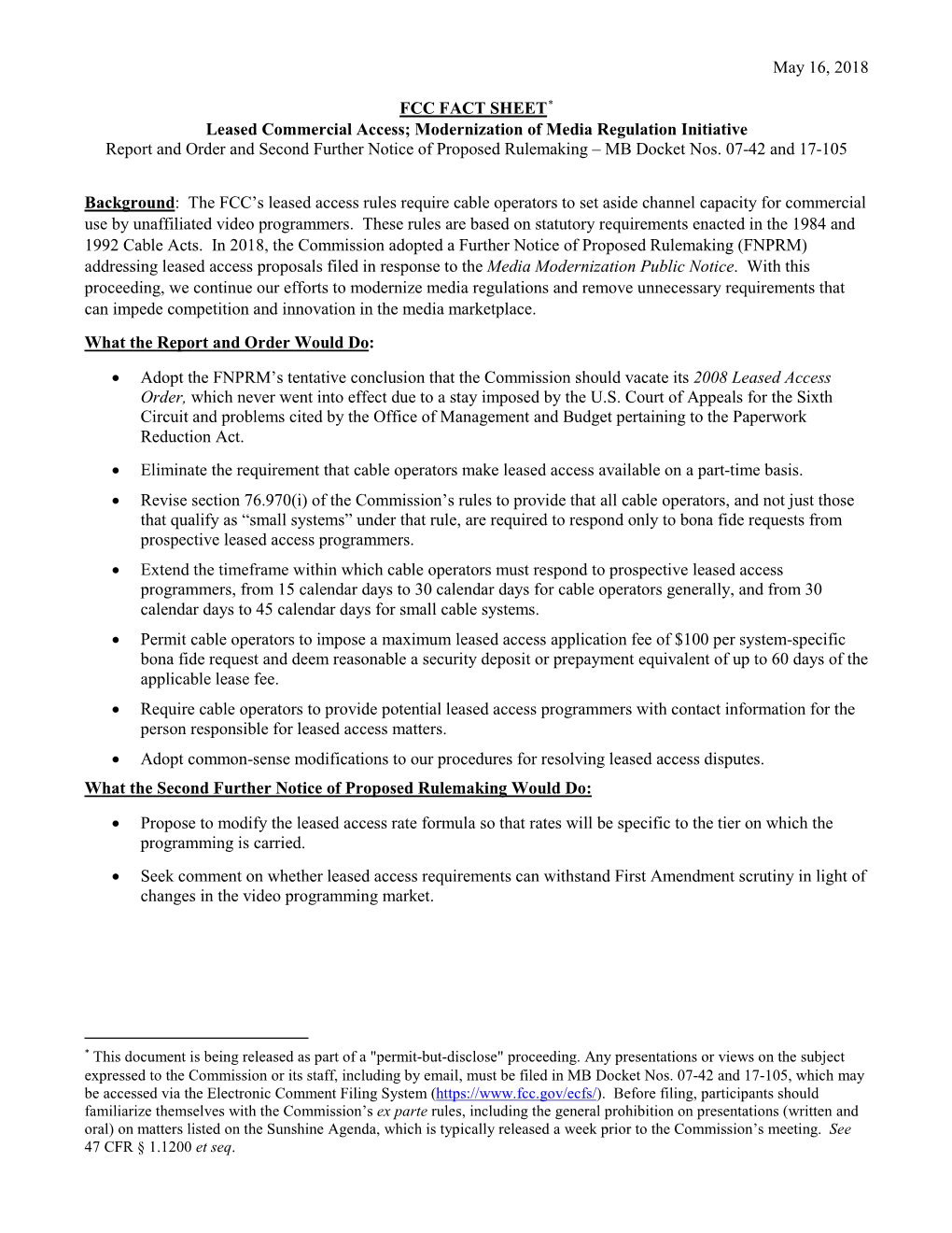 May 16, 2018 FCC FACT SHEET* Leased Commercial Access