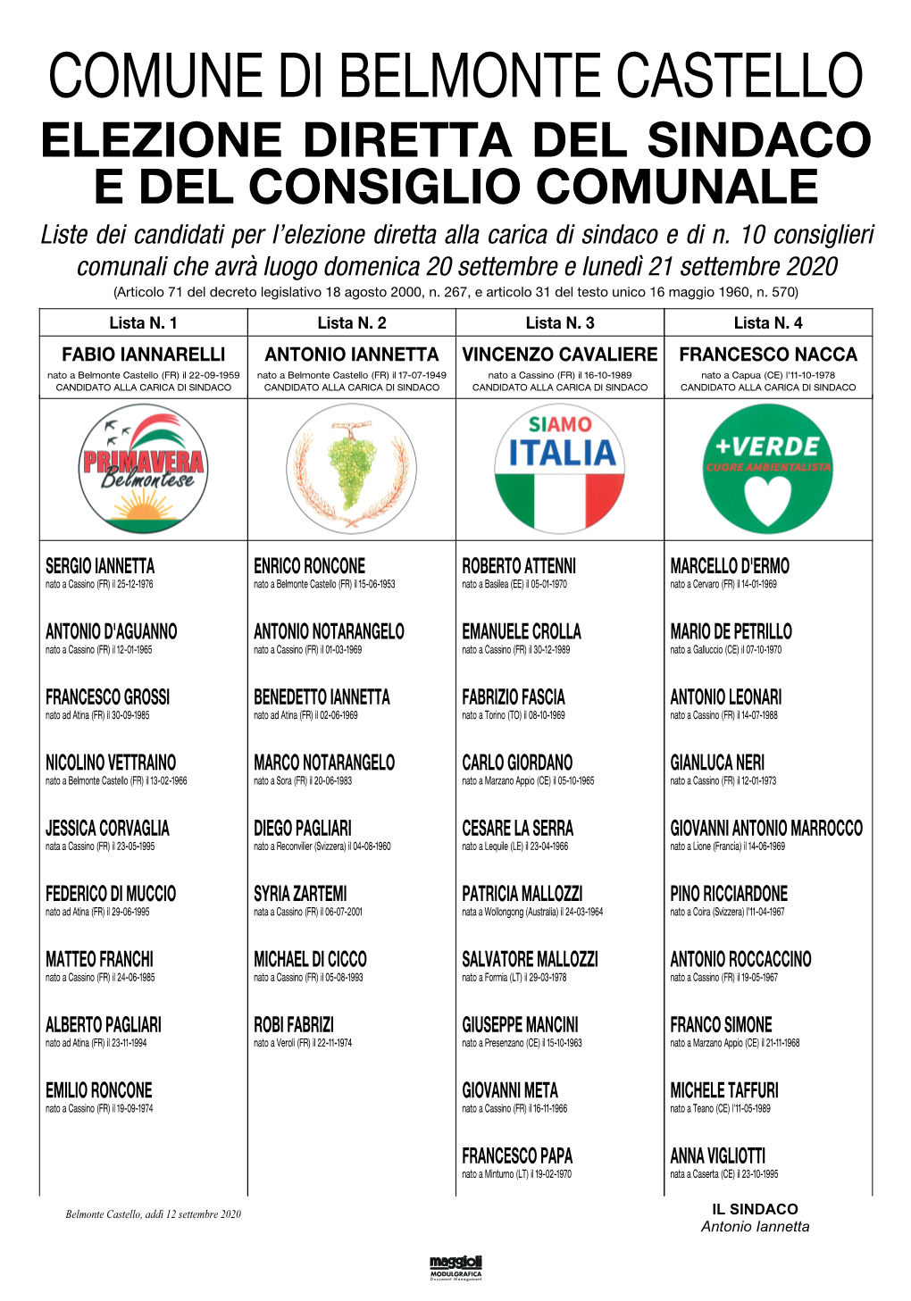 Liste Dei Candidati Per L'elezione Diretta Alla Carica Di Sindaco E Di N. 10 Consiglieri Comunali Che Avrà Luogo Domenica 20