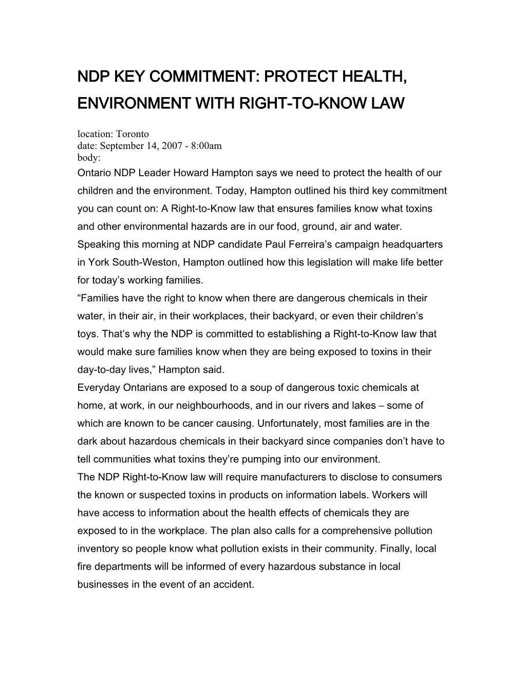 Ndp Key Commitment: Protect Health, Environment with Right-To-Know Law