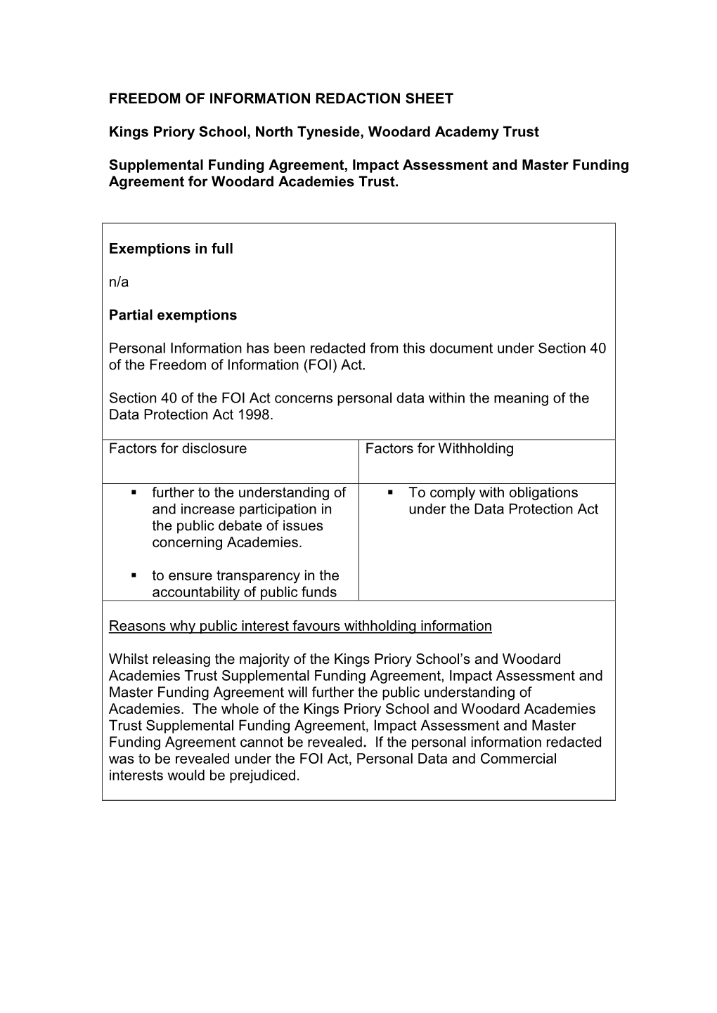 FREEDOM of INFORMATION REDACTION SHEET Kings Priory