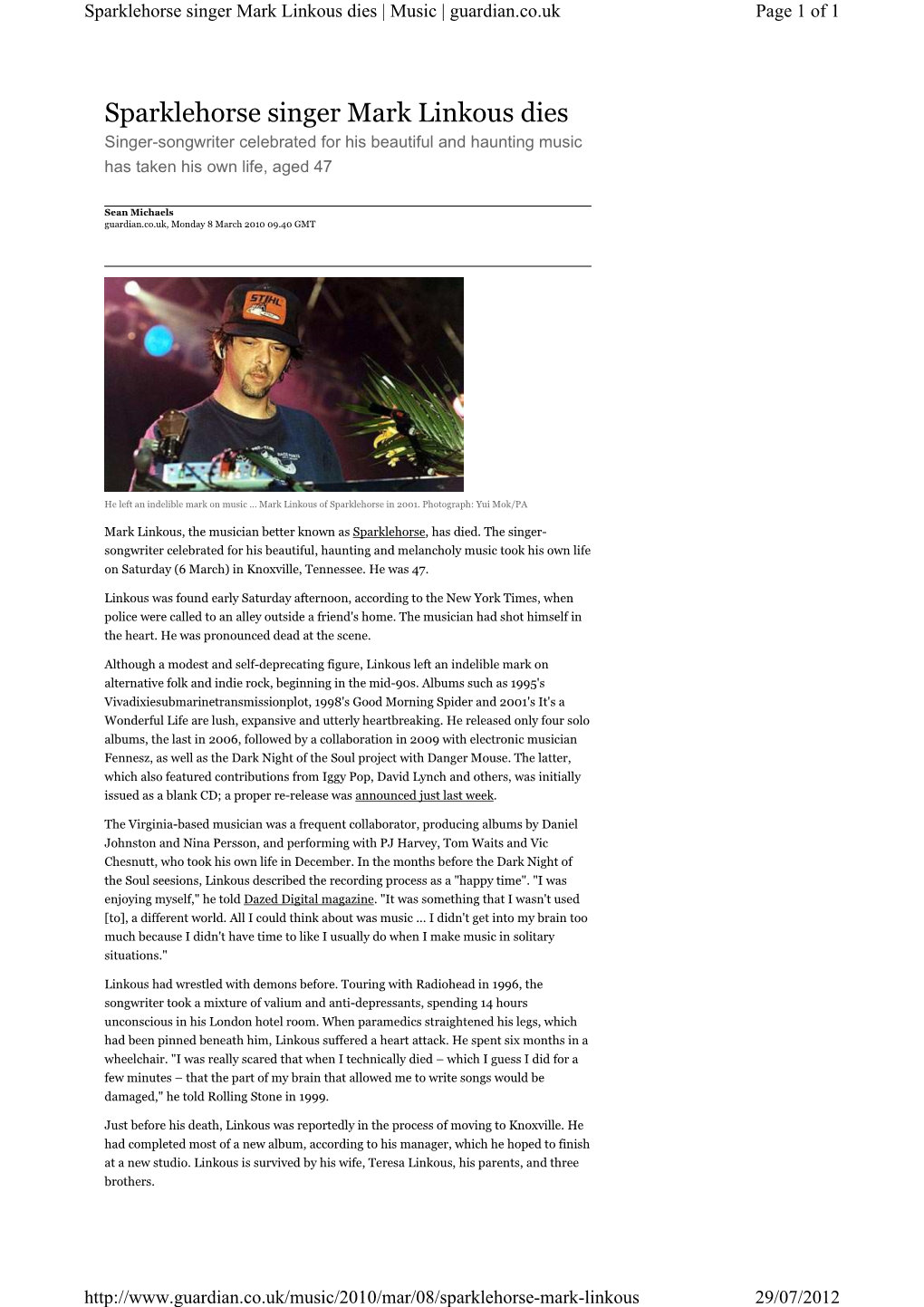 Sparklehorse Singer Mark Linkous Dies | Music | Guardian.Co.Uk Page 1 of 1