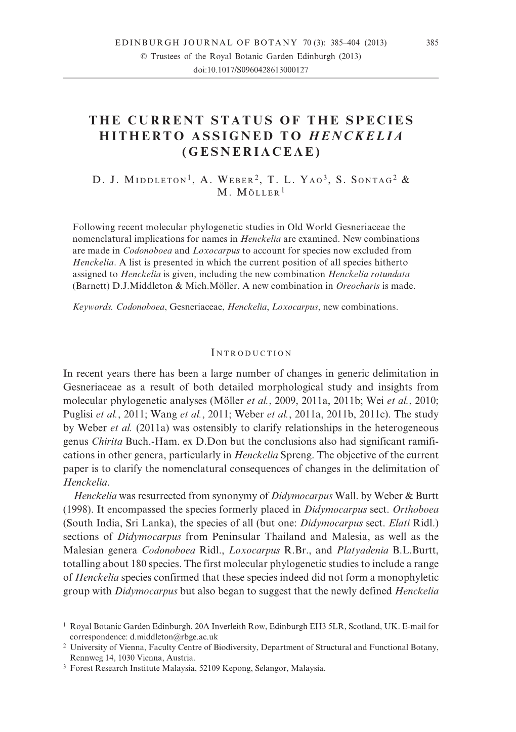 The Current Status of the Species Hitherto Assigned to Henckelia (Gesneriaceae)