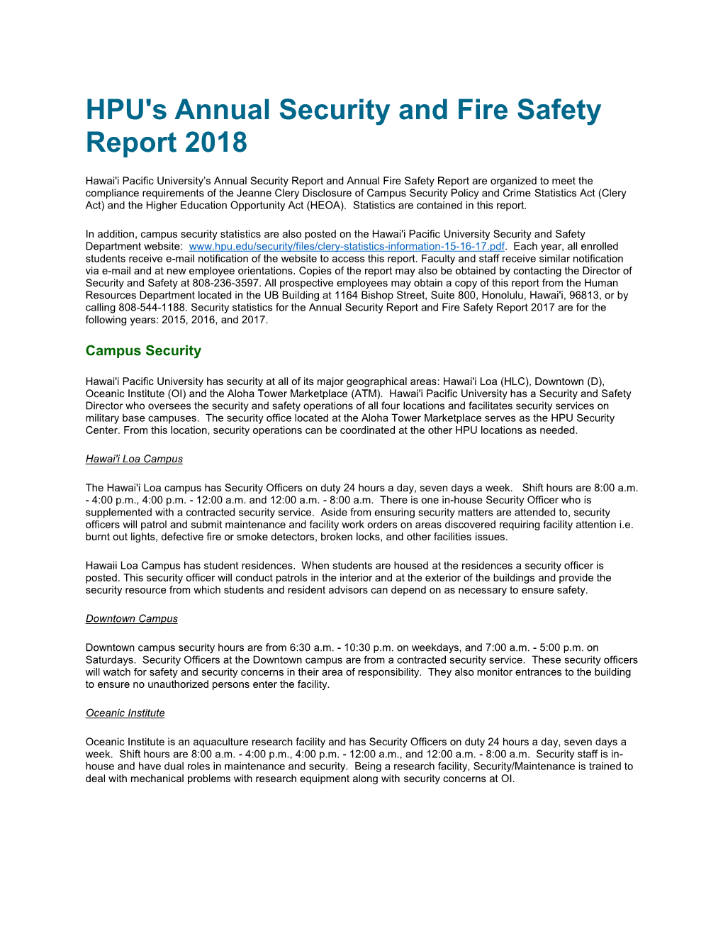 HPU's Annual Security and Fire Safety Report 2018