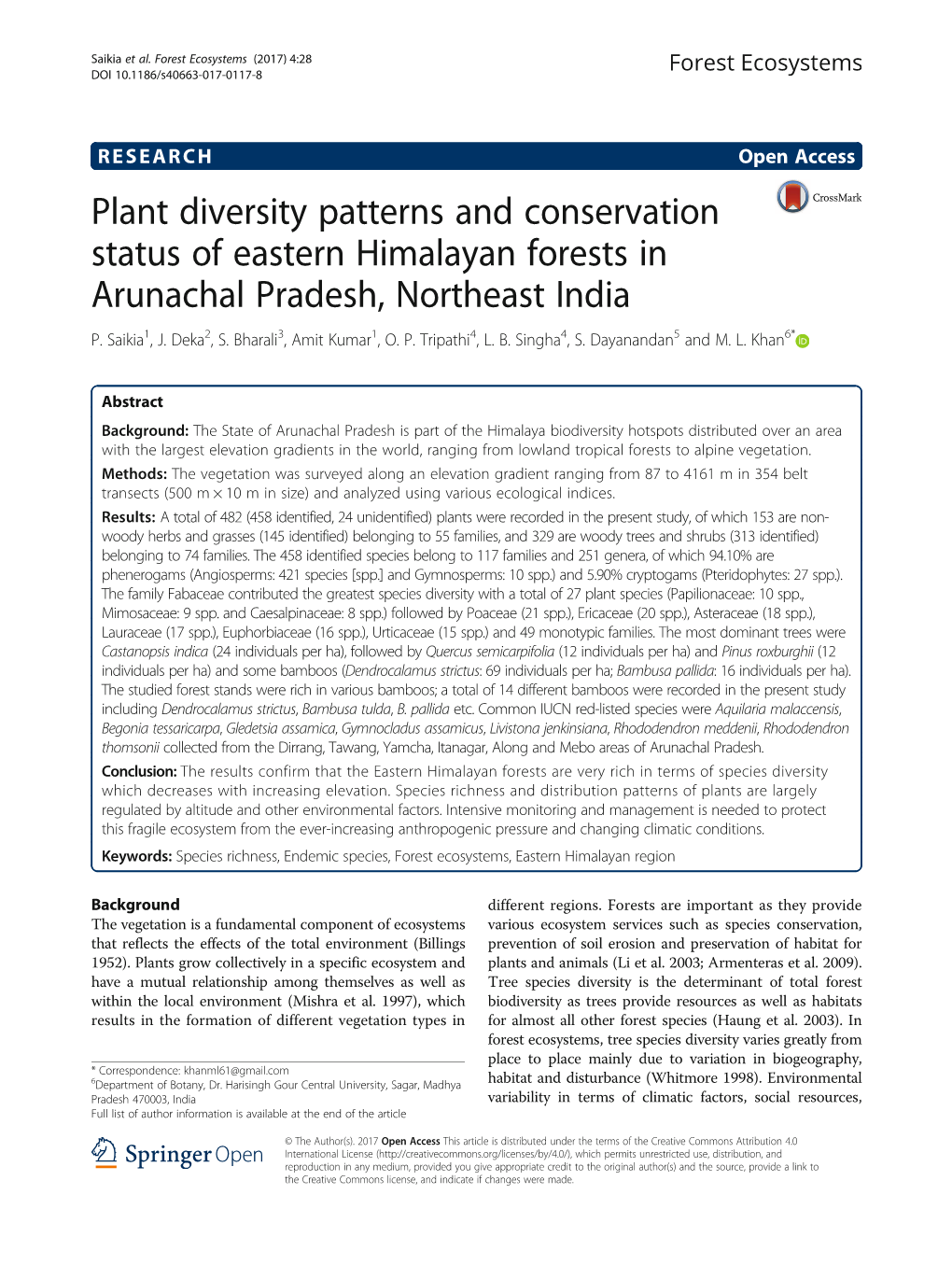 Plant Diversity Patterns and Conservation Status of Eastern Himalayan Forests in Arunachal Pradesh, Northeast India P