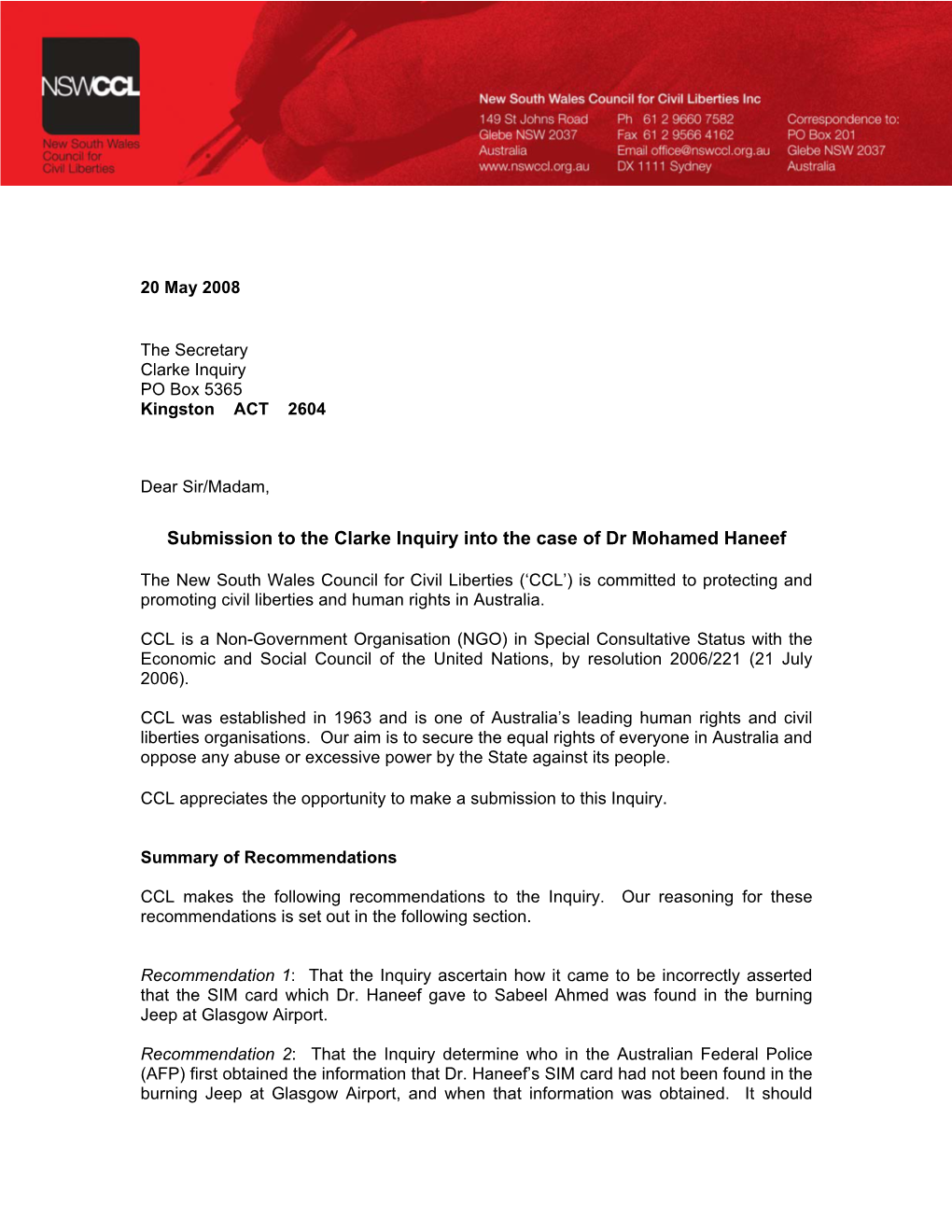 Submission to the Clarke Inquiry Into the Case of Dr Mohamed Haneef