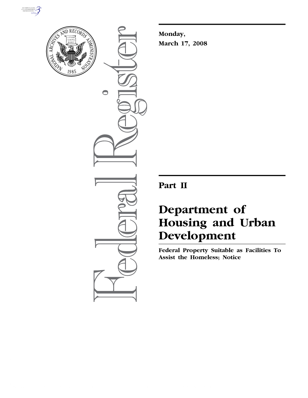 Department of Housing and Urban Development Federal Property Suitable As Facilities to Assist the Homeless; Notice