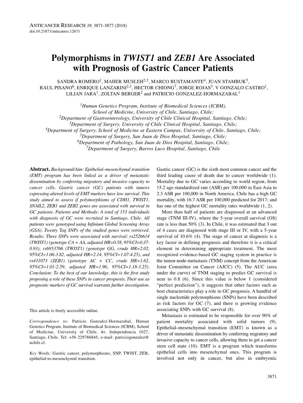 Polymorphisms in TWIST1 and ZEB1 Are Associated with Prognosis Of