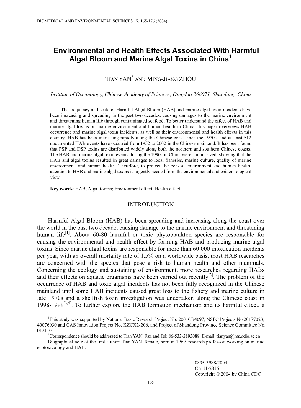 Environmental and Health Effects Associated with Harmful Algal Bloom and Marine Algal Toxins in China1