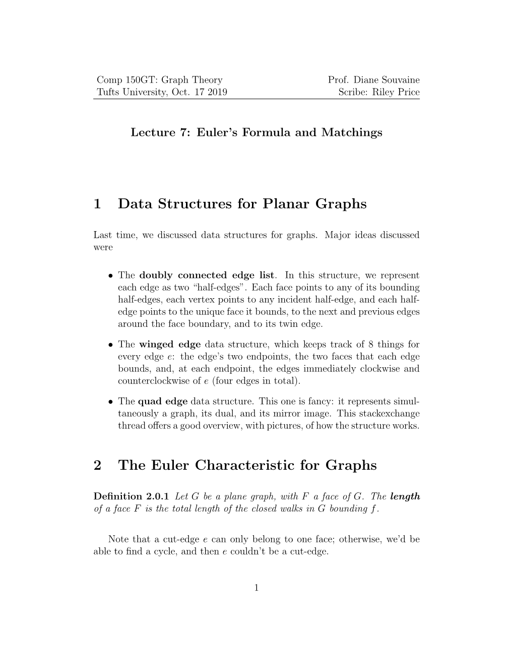 1 Data Structures for Planar Graphs 2 the Euler Characteristic for Graphs