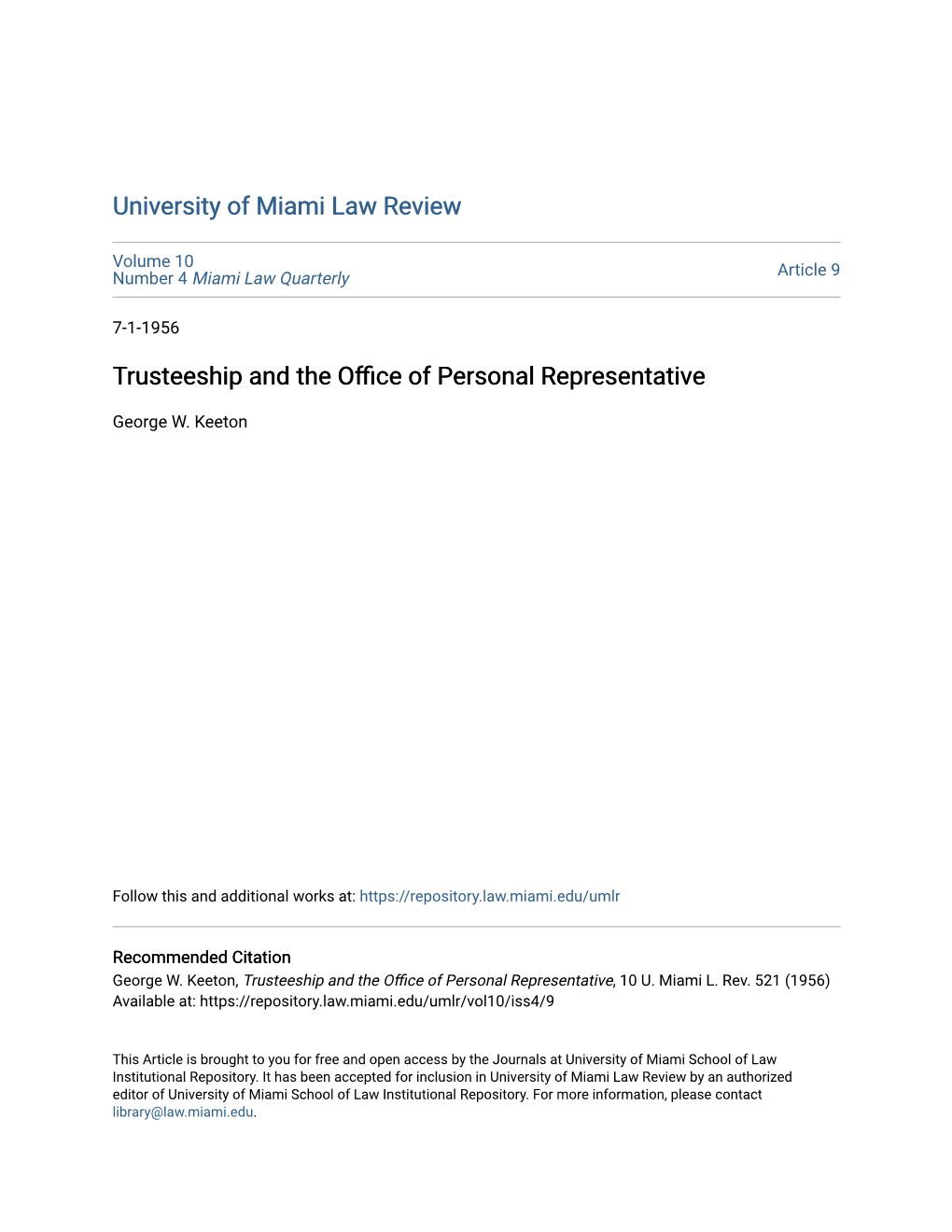 Trusteeship and the Office of Personal Representative George W