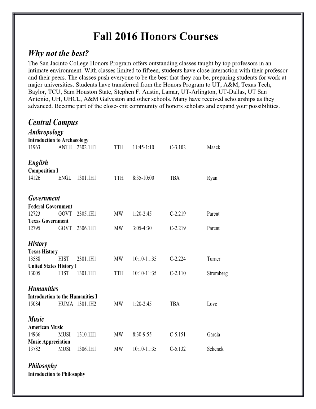 Fall 2016 Honors Courses