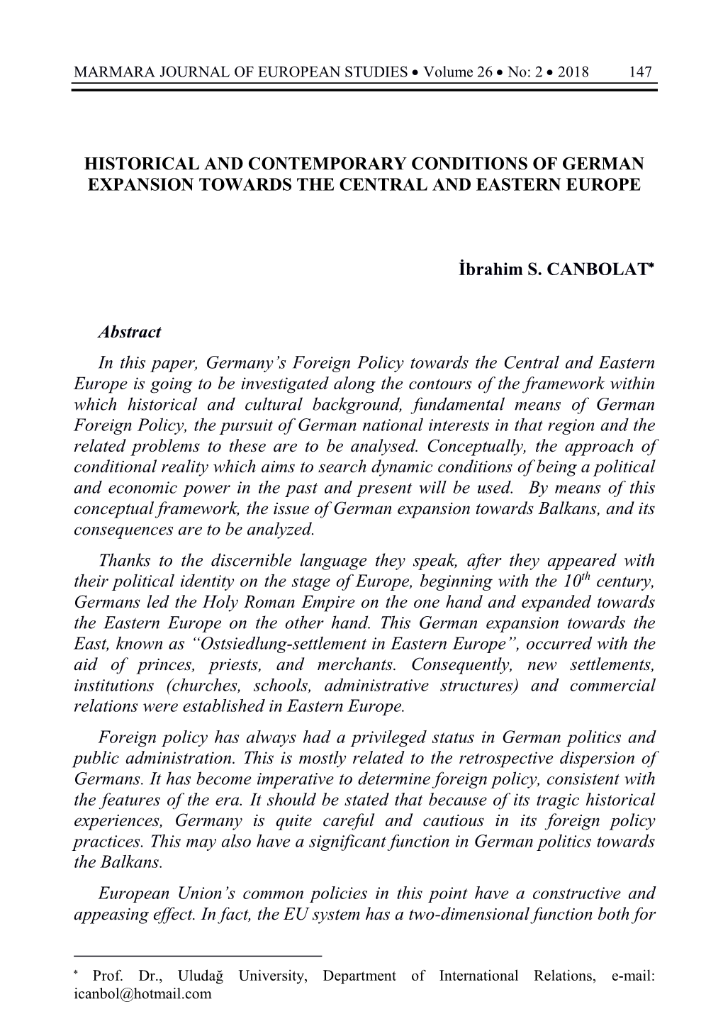 Historical and Contemporary Conditions of German Expansion Towards the Central and Eastern Europe