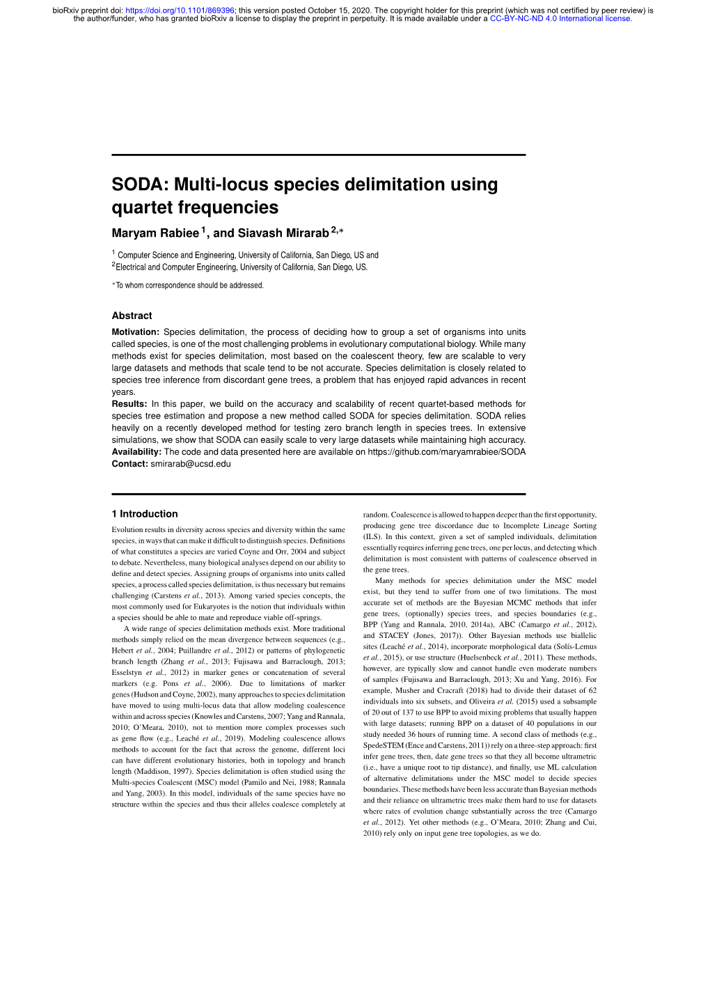 Multi-Locus Species Delimitation Using Quartet Frequencies Maryam Rabiee 1, and Siavash Mirarab 2,∗