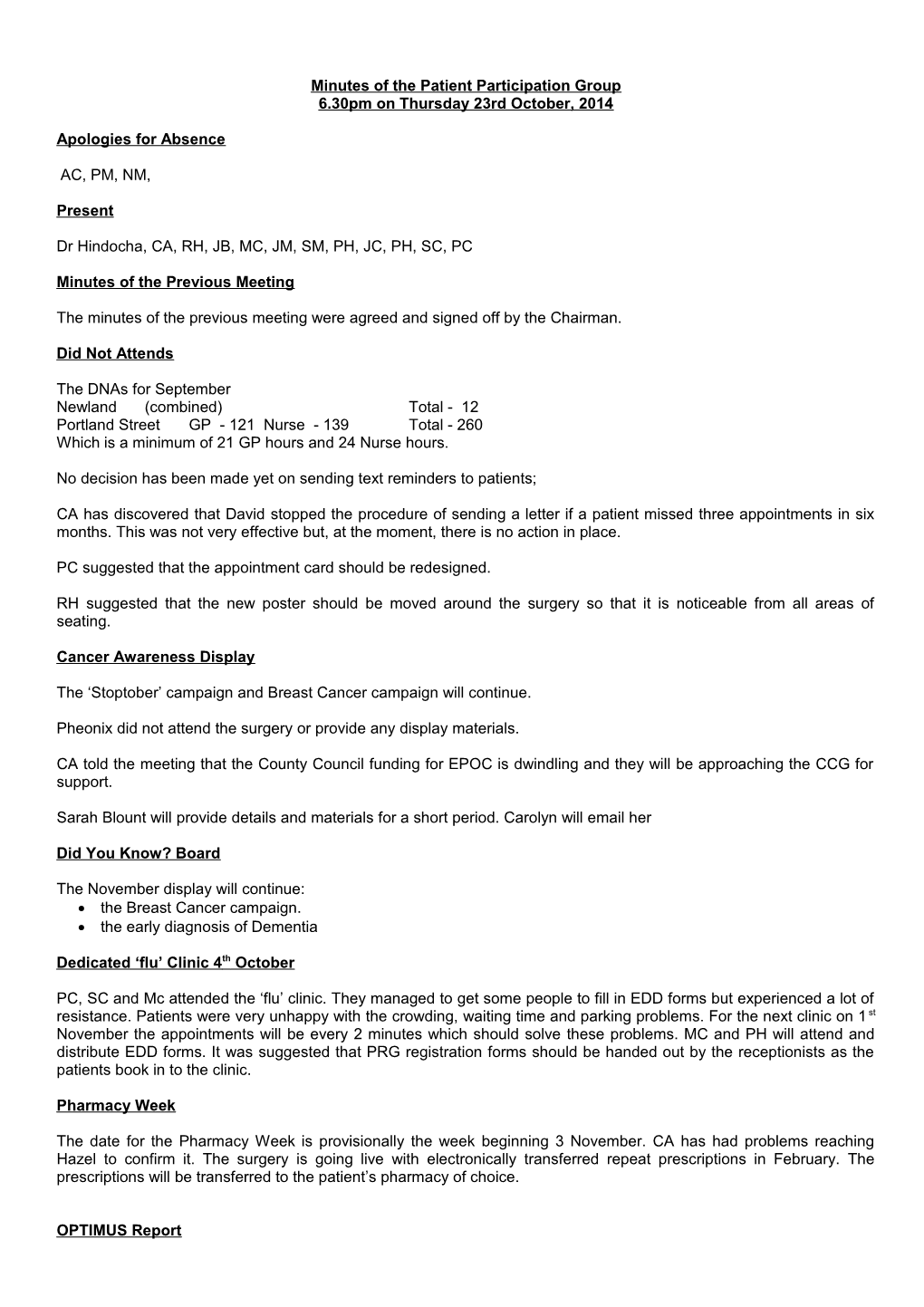 Minutes of the Patient Participation Group